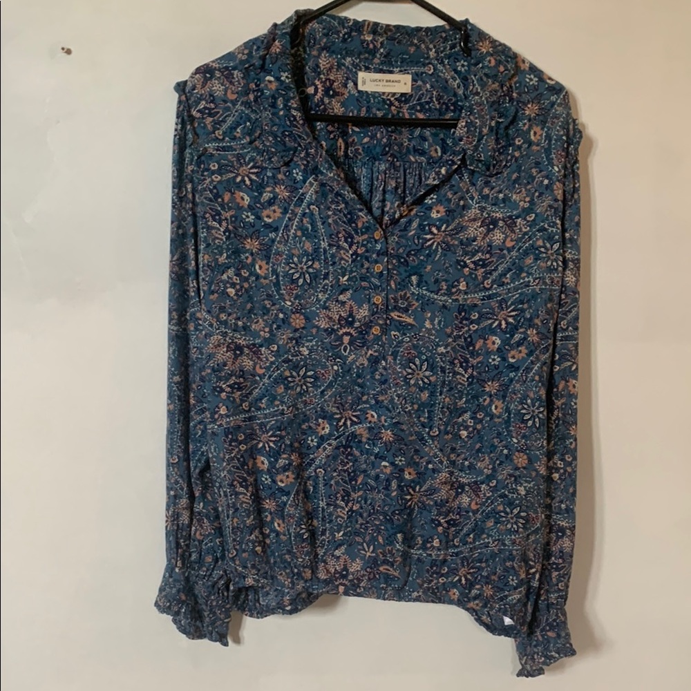 Lucky Brand Blue Relaxed Blouse with V-Neck